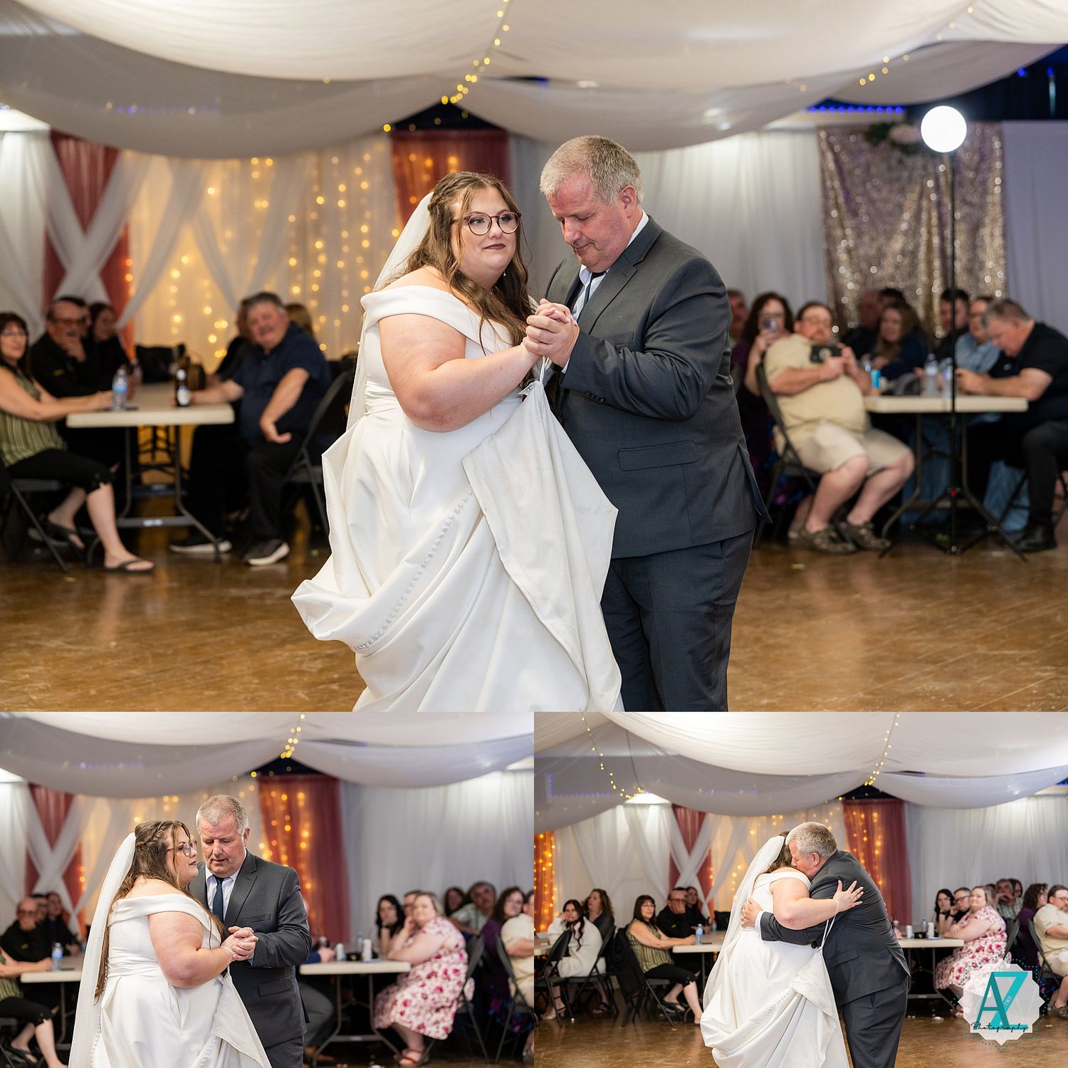 A couple dancing together at their wedding reception in a decorated venue with twinkling lights and guests watching.