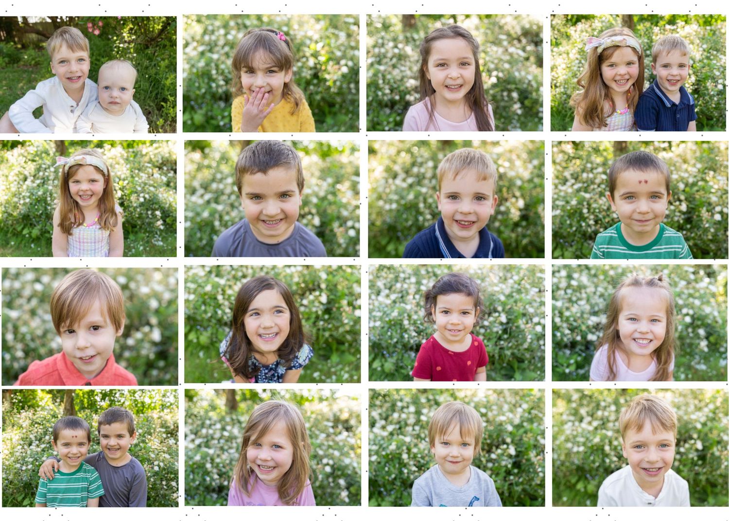 A photo collage grid showing multiple candid portraits of children in casual settings with various expressions and poses.