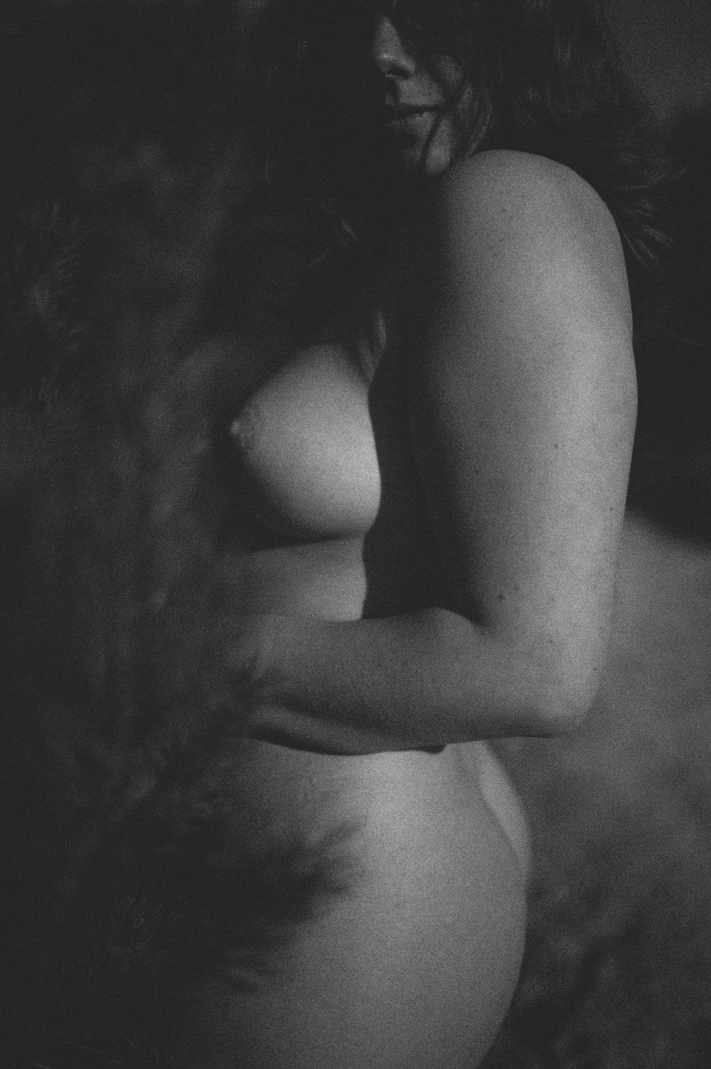 Black and white artistic nude photograph of a female figure with dramatic lighting and shadows.