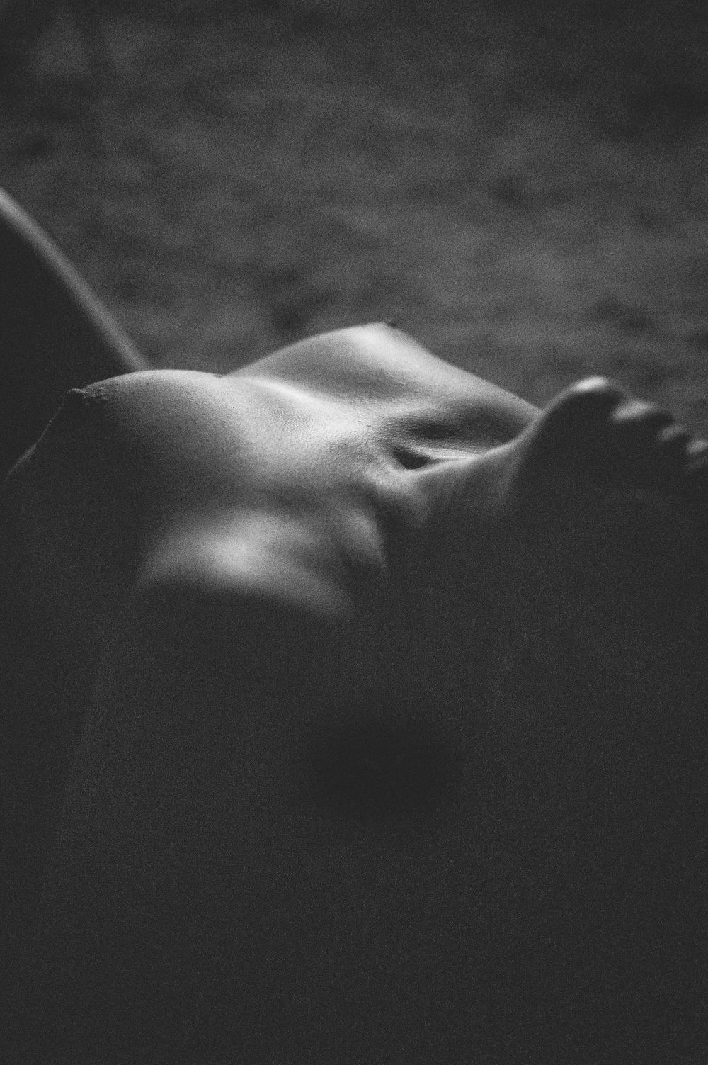 An artistic black and white fine art photograph showing abstract nude form with dramatic shadows and lighting.