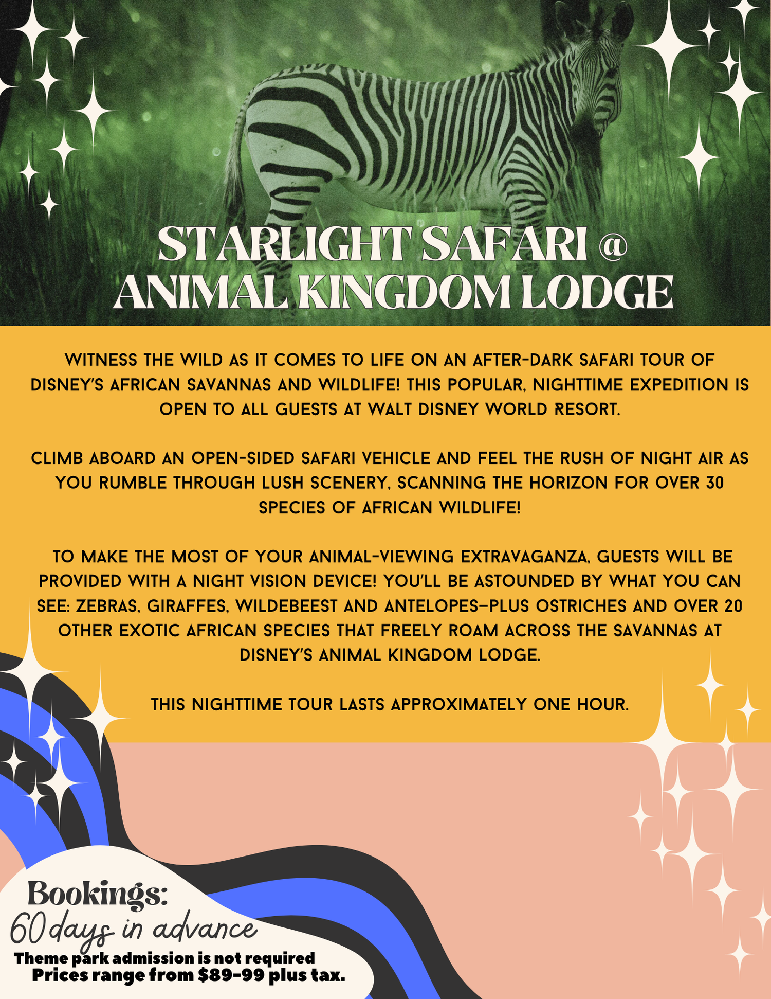 Promotional flyer for nighttime Starlight Safari tour featuring zebra silhouette on green background.
