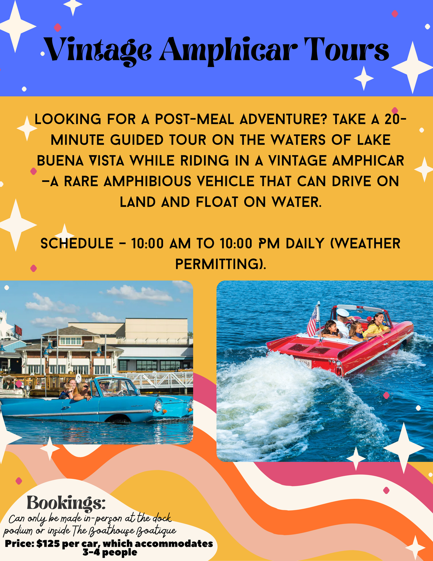 Vintage Amphicar tour advertisement showing amphibious vehicles on Lake Buena Vista.
