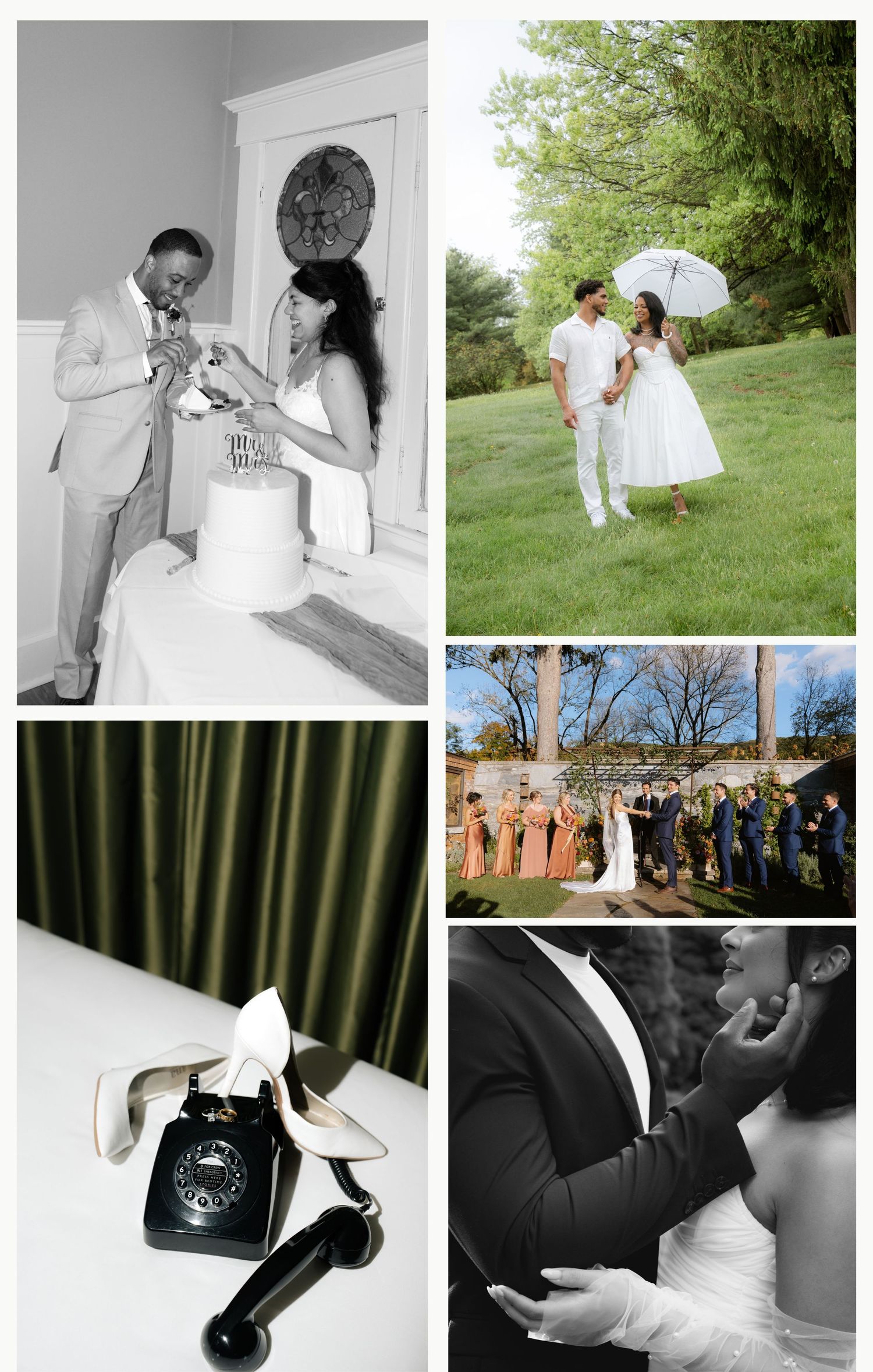 A collection of black and white wedding photos showing romantic moments with umbrellas, outdoor poses and elegant details.