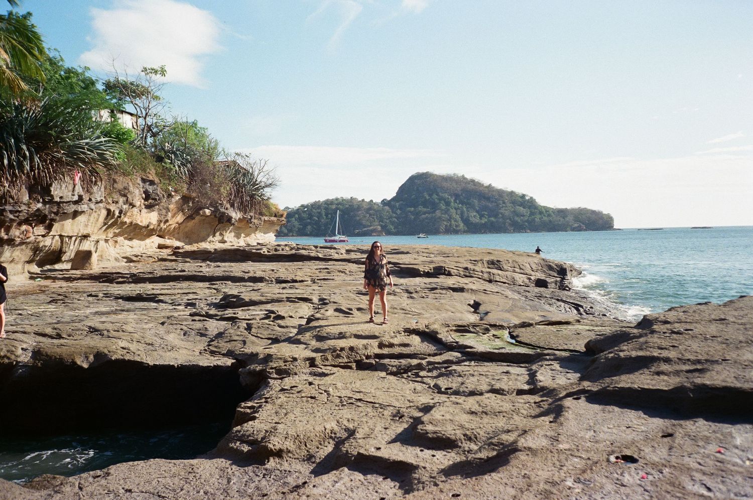 A rocky beach coastline with palm trees and dramatic cliffs stretching into the blue ocean.