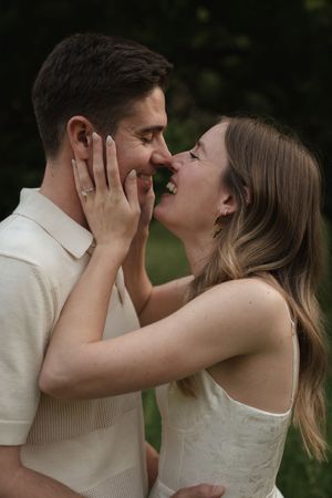 Close-up shots of a couple sharing intimate moments in coordinated cream-colored outfits.
