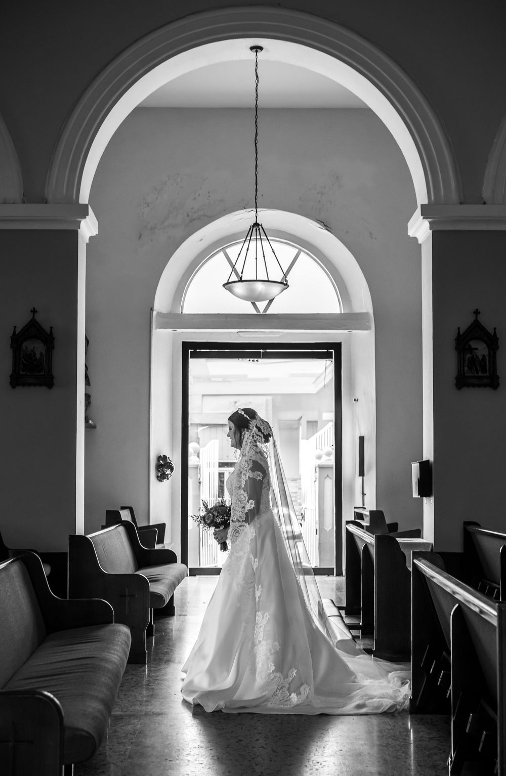 A series of dramatic black and white photos showing arched church doorways with natural light streaming in.