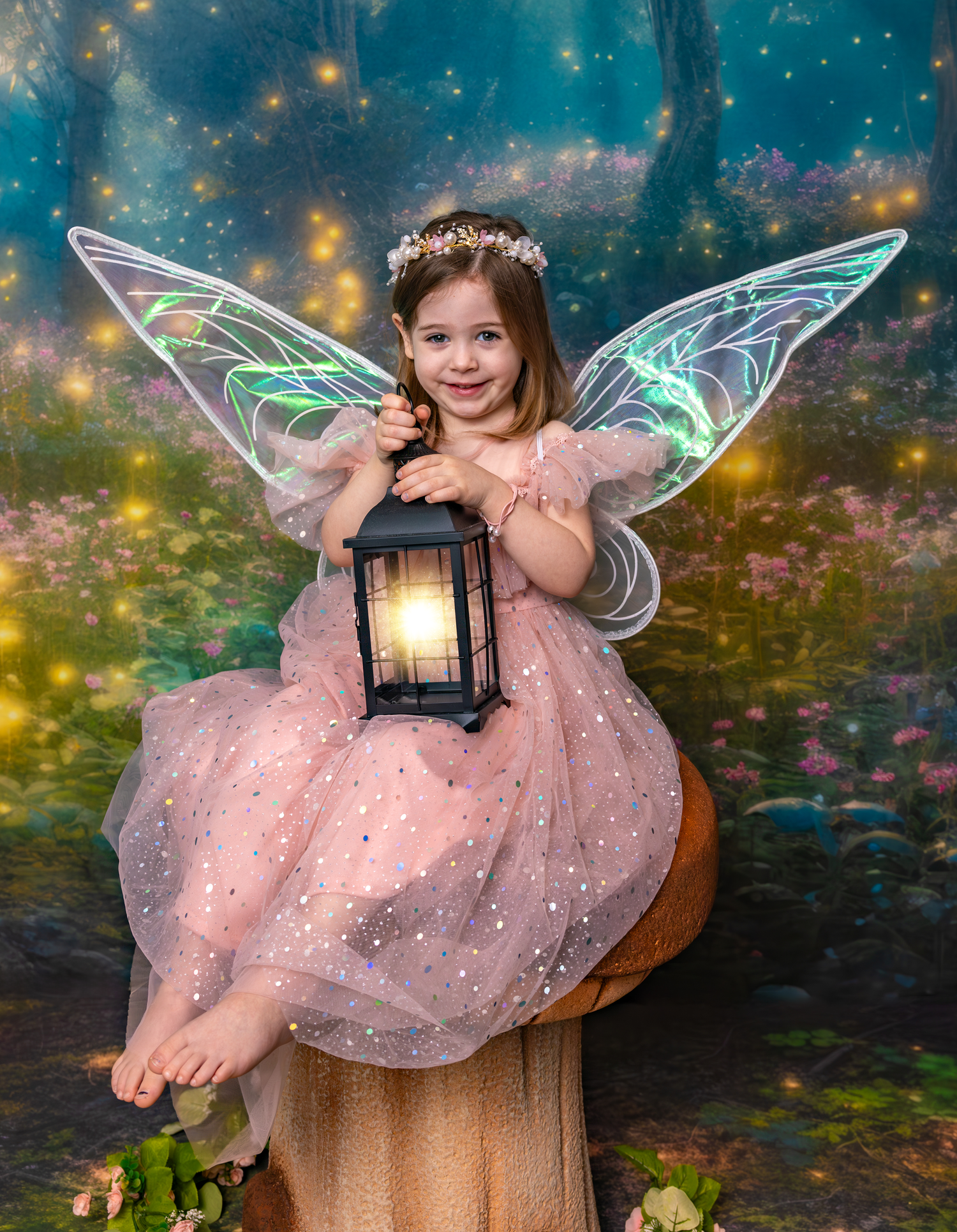 Fantasy photo of fairy with glowing lantern in pink dress against magical starlit forest backdrop.