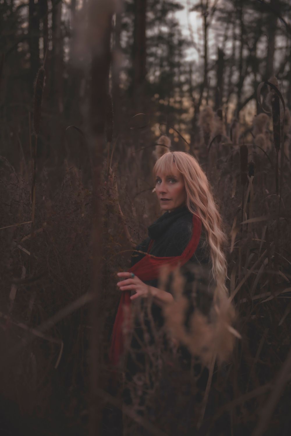 Figure in dark clothing and red scarf stands among bare branches in a moody forest scene.