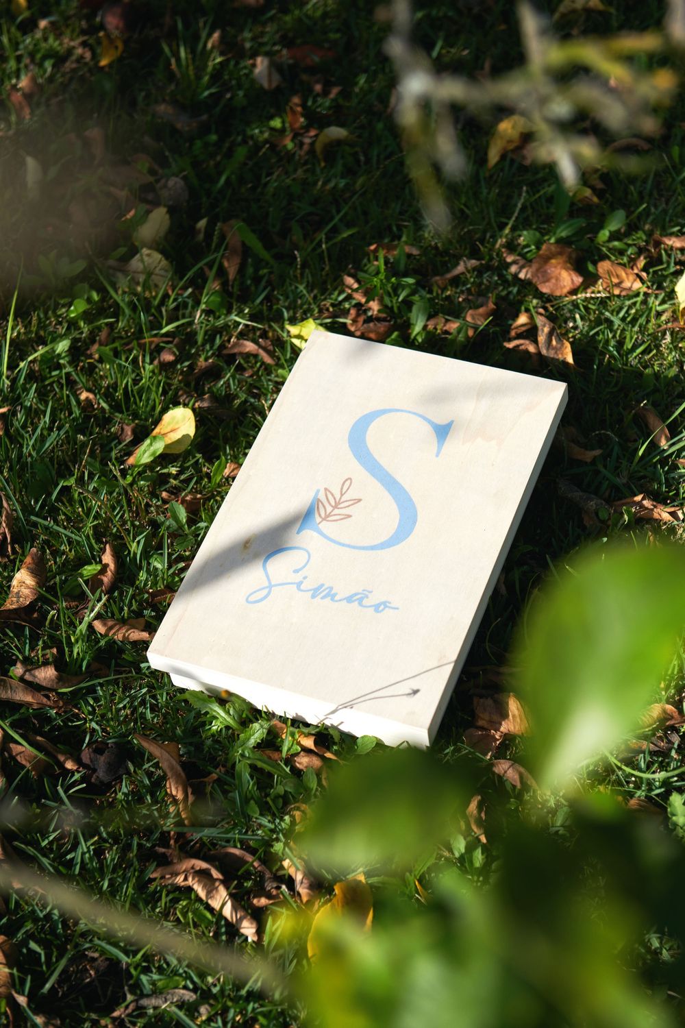 A personalized notebook with the letter S and name Simao in blue, resting on green grass with autumn leaves.
