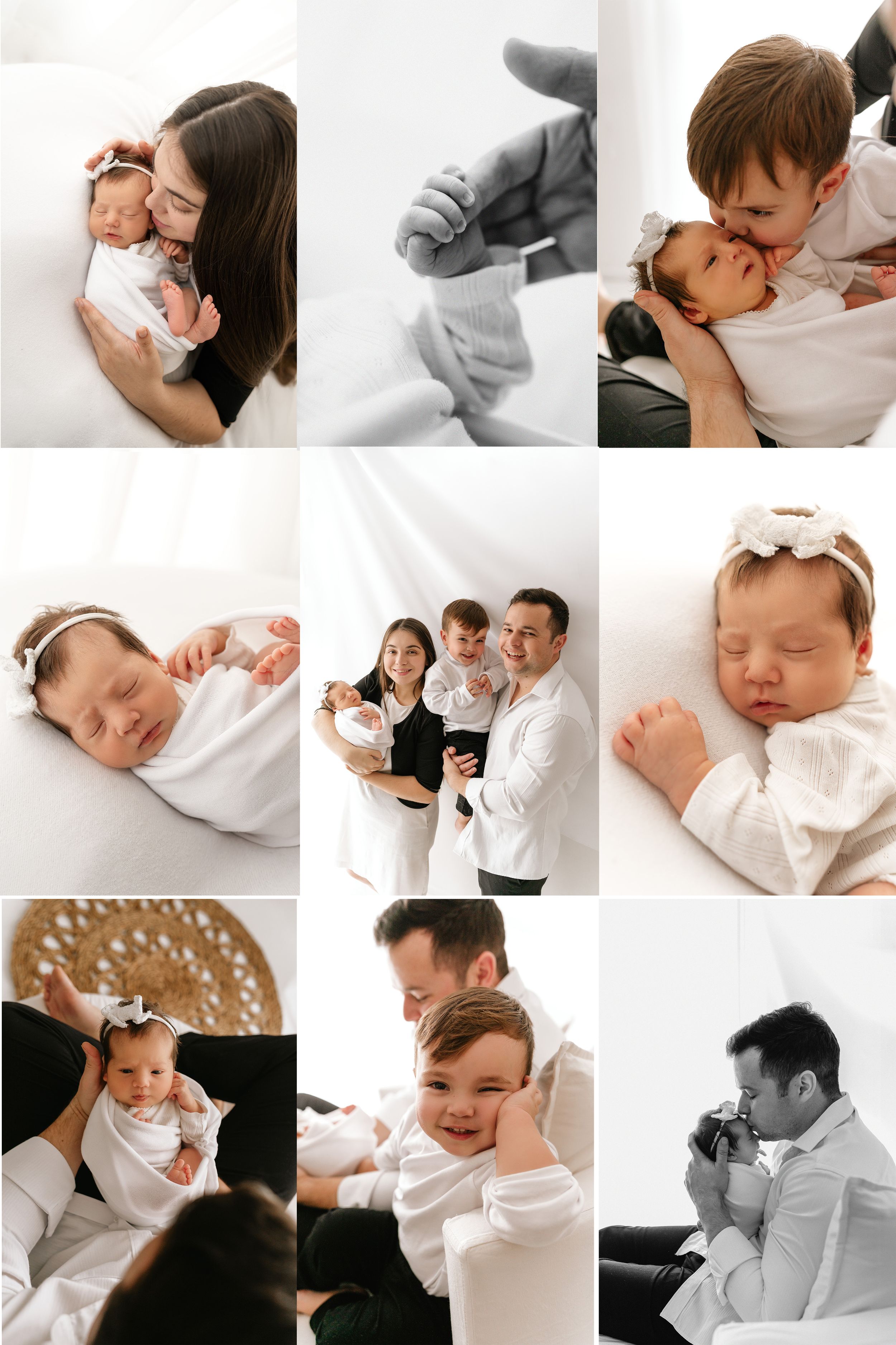 A collection of tender family moments shared between parents and their infant in black and white and color photography.