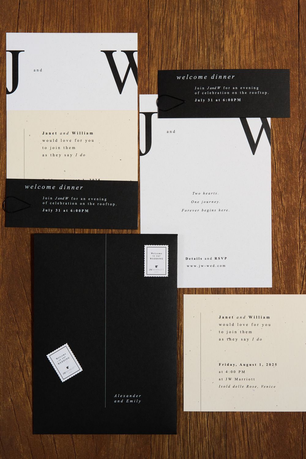 Modern minimalist wedding stationery set in black and white on wooden background. Photoshoot by Venice Photographer Alina Indi