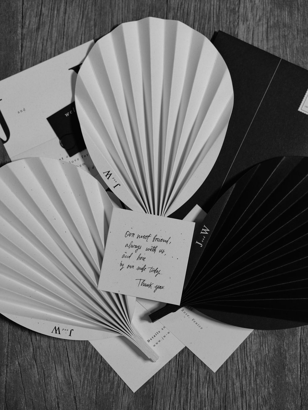 Black and white paper fans with handwritten notes arranged on a wooden surface. Photoshoot by Venice Photographer Alina Indi