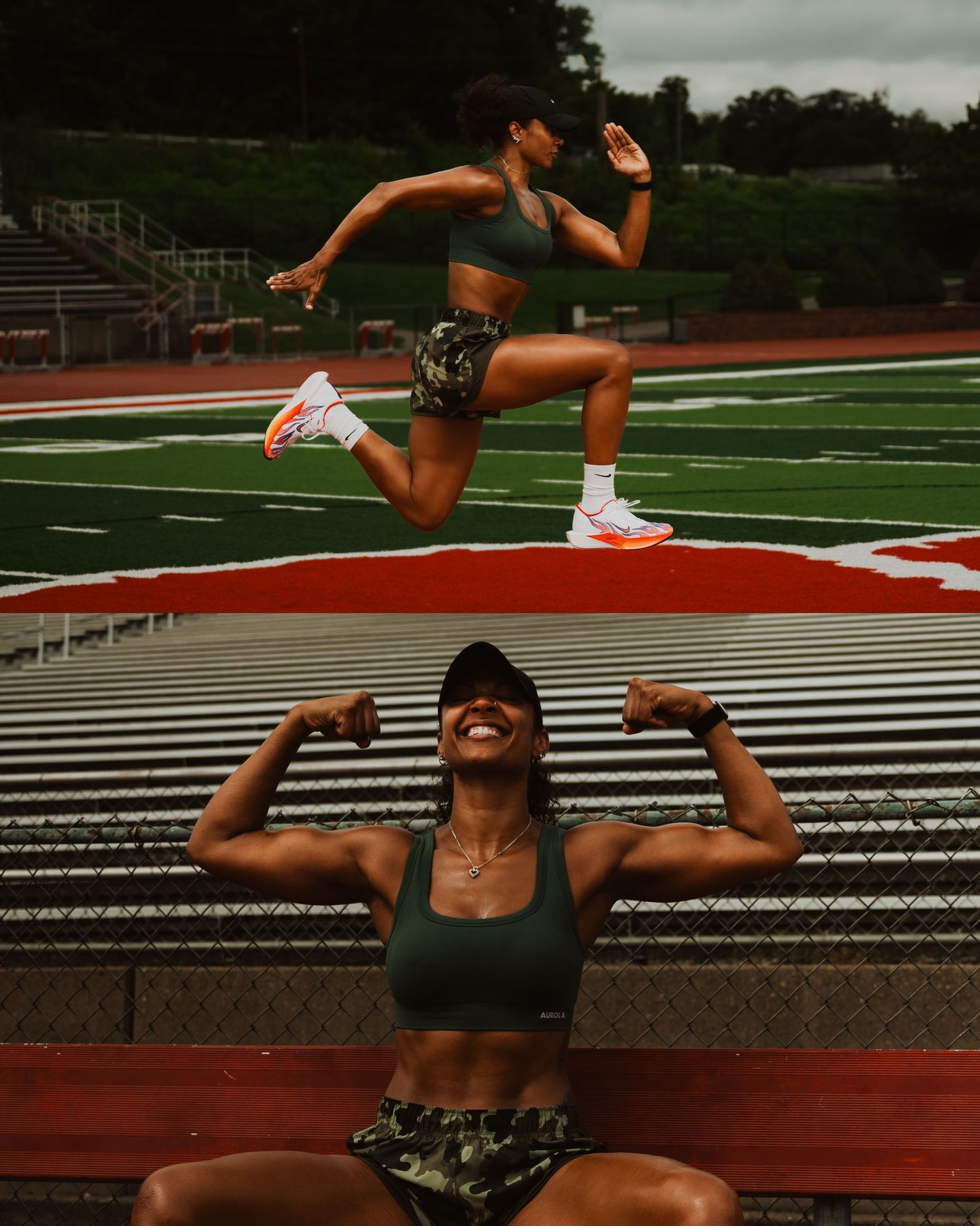 Athletic figure stretches across red stadium bleachers in dynamic pose during outdoor workout session.