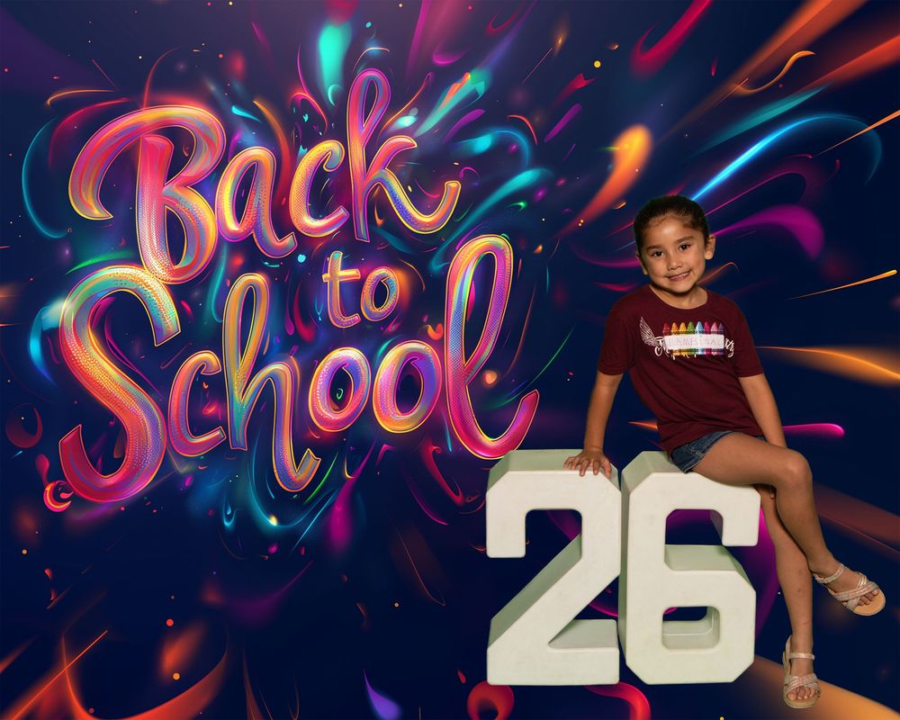 Colorful back to school themed photo with vibrant neon lettering and number '26' against dark background.