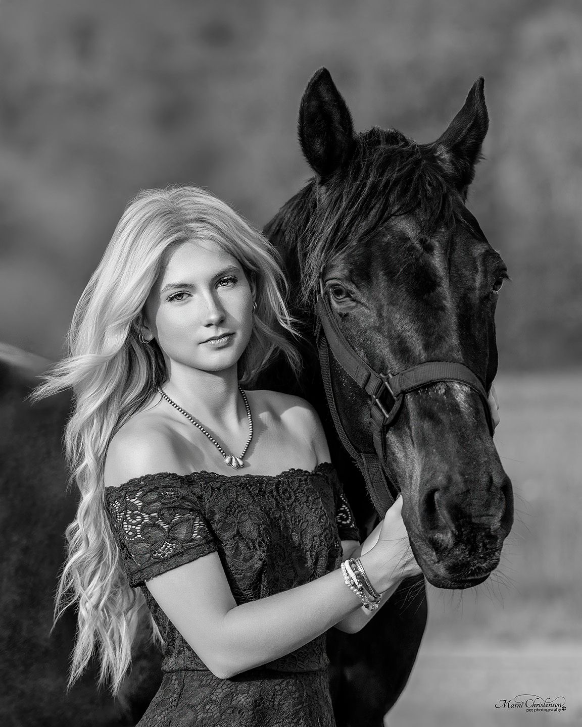 A series of black and white portraits showing a woman with long blonde hair posing affectionately with a dark horse.