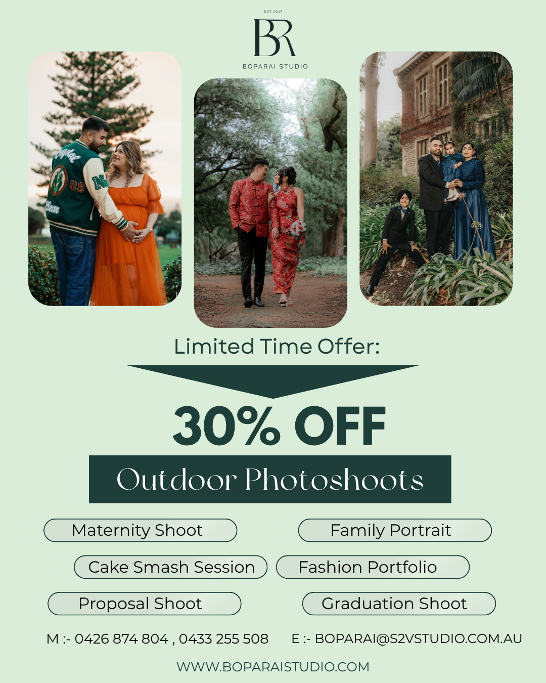 Three outdoor photography examples showing nature backdrops with evergreen trees and autumn colors for portrait sessions.