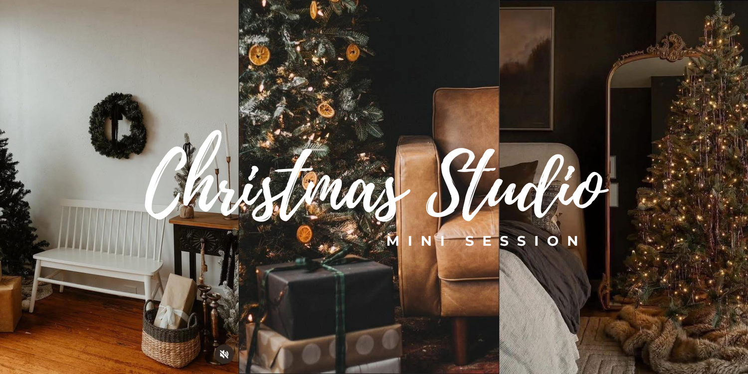 Cozy Christmas studio interior with two decorated trees, fairy lights, and dark accent walls creating a festive atmosphere.