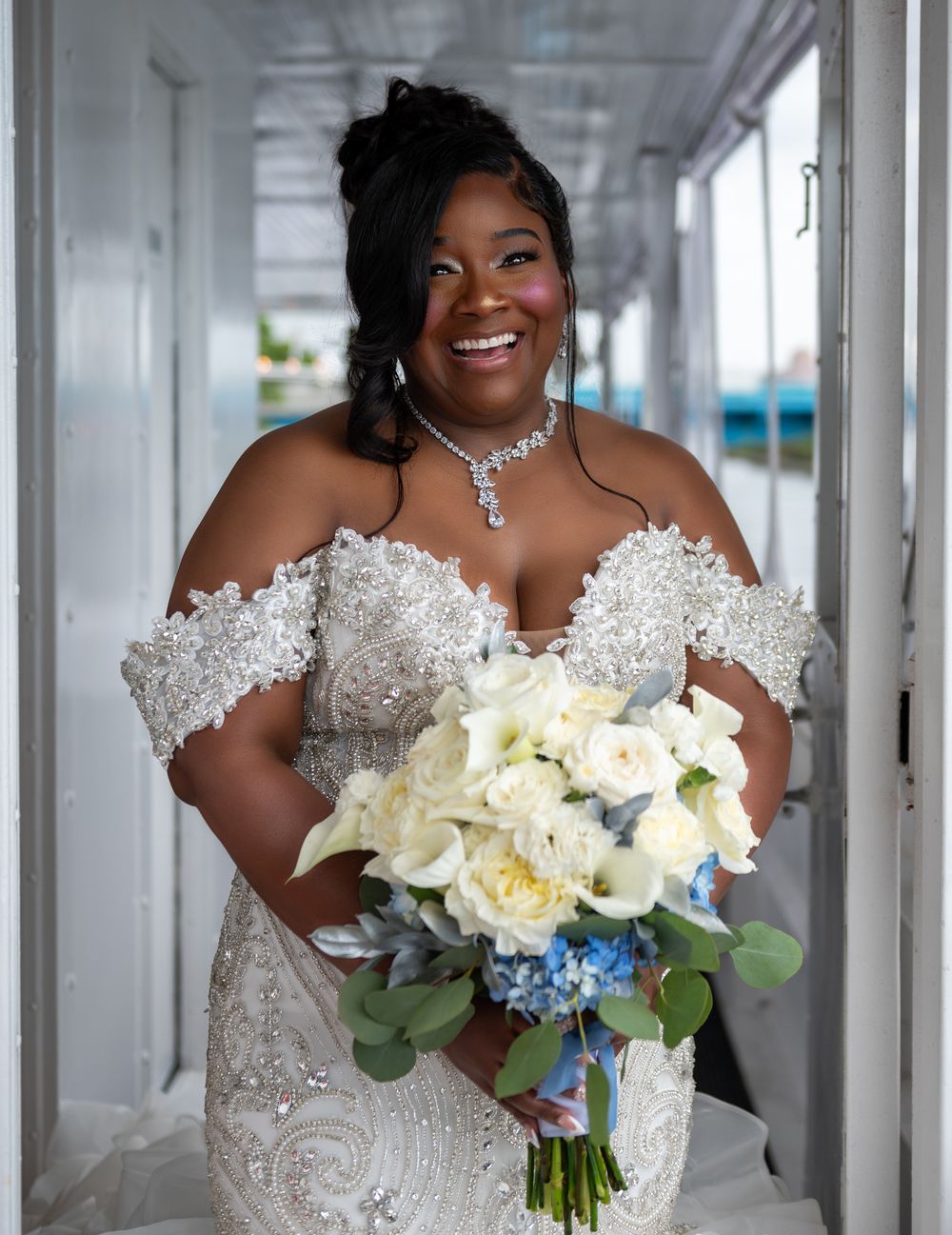 Romantic portrait of bride and groom at Fort Lauderdale luxury yacht wedding