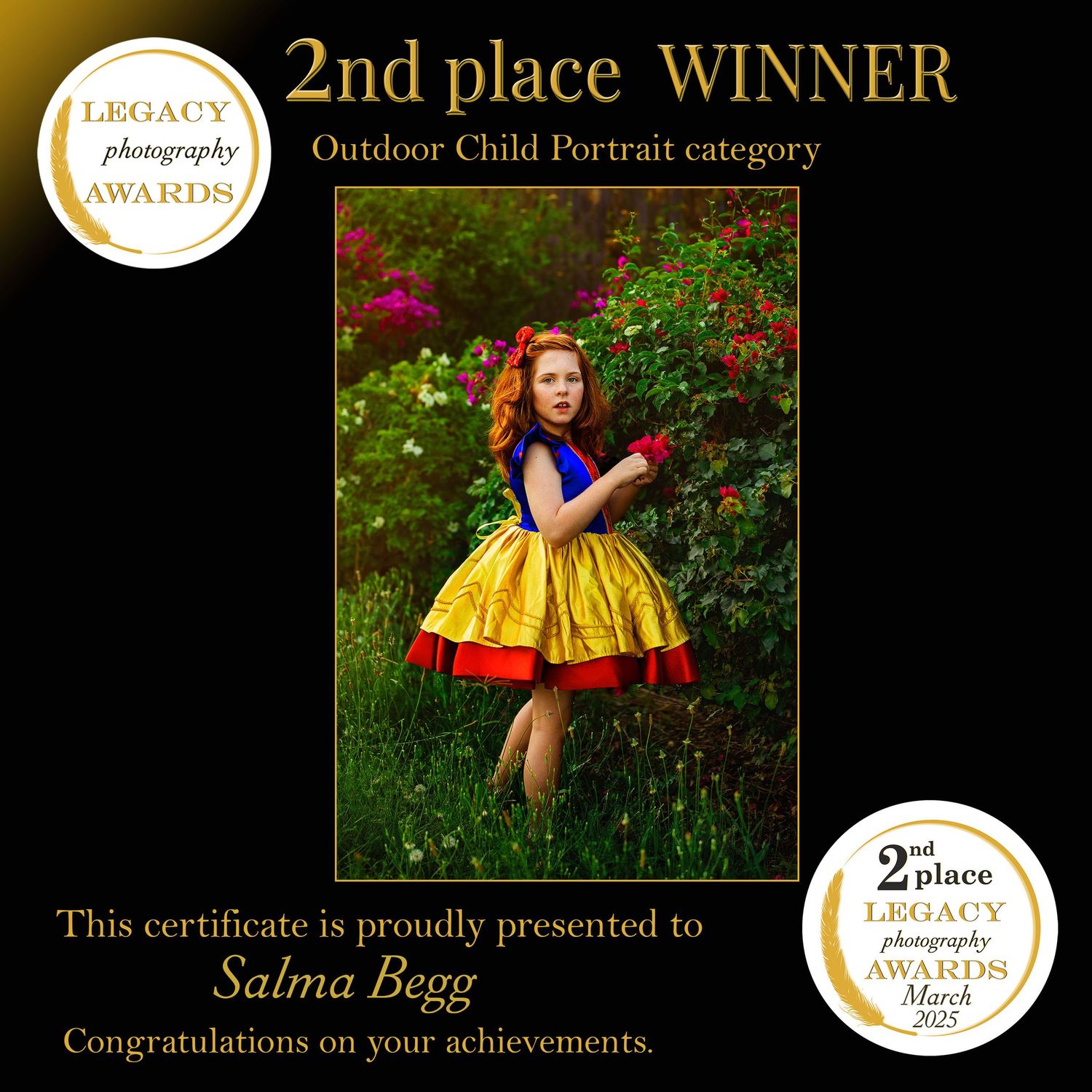 Award certificate and images showcasing outdoor child portrait photography competition with colorful dresses in garden setting. Autism qld