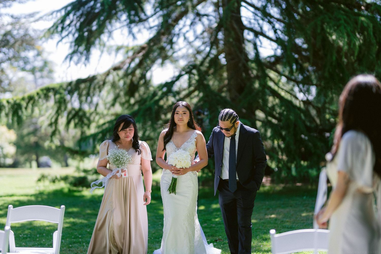 Wedding ceremony attendees gather under evergreen trees in an outdoor garden setting on a sunny afternoon.