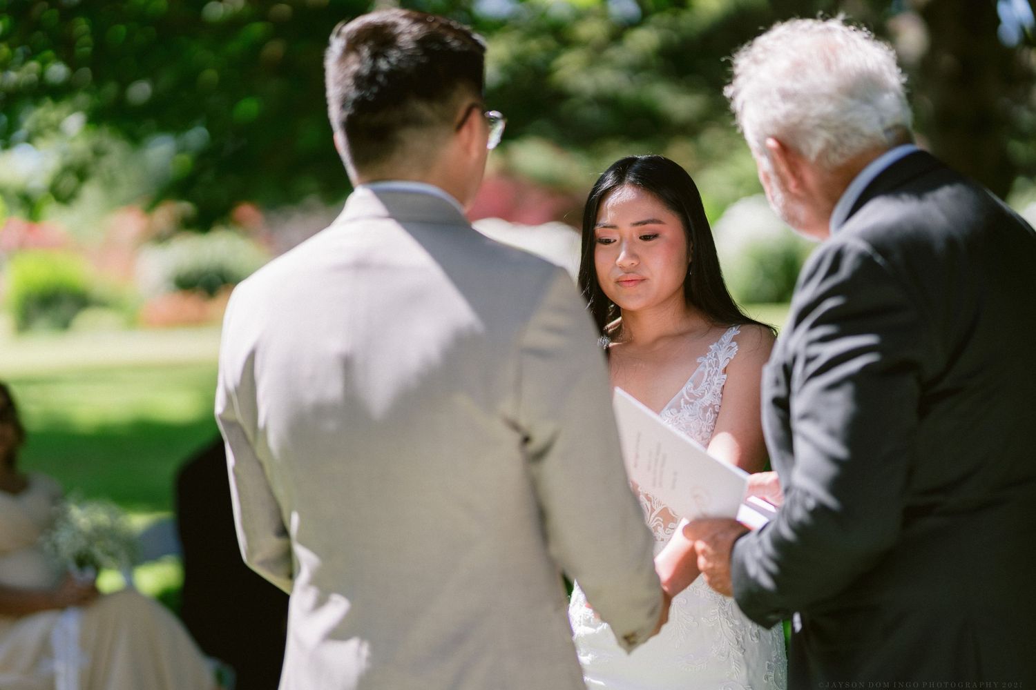 A montage of outdoor wedding ceremony moments showing couples exchanging rings and vows under natural lighting.