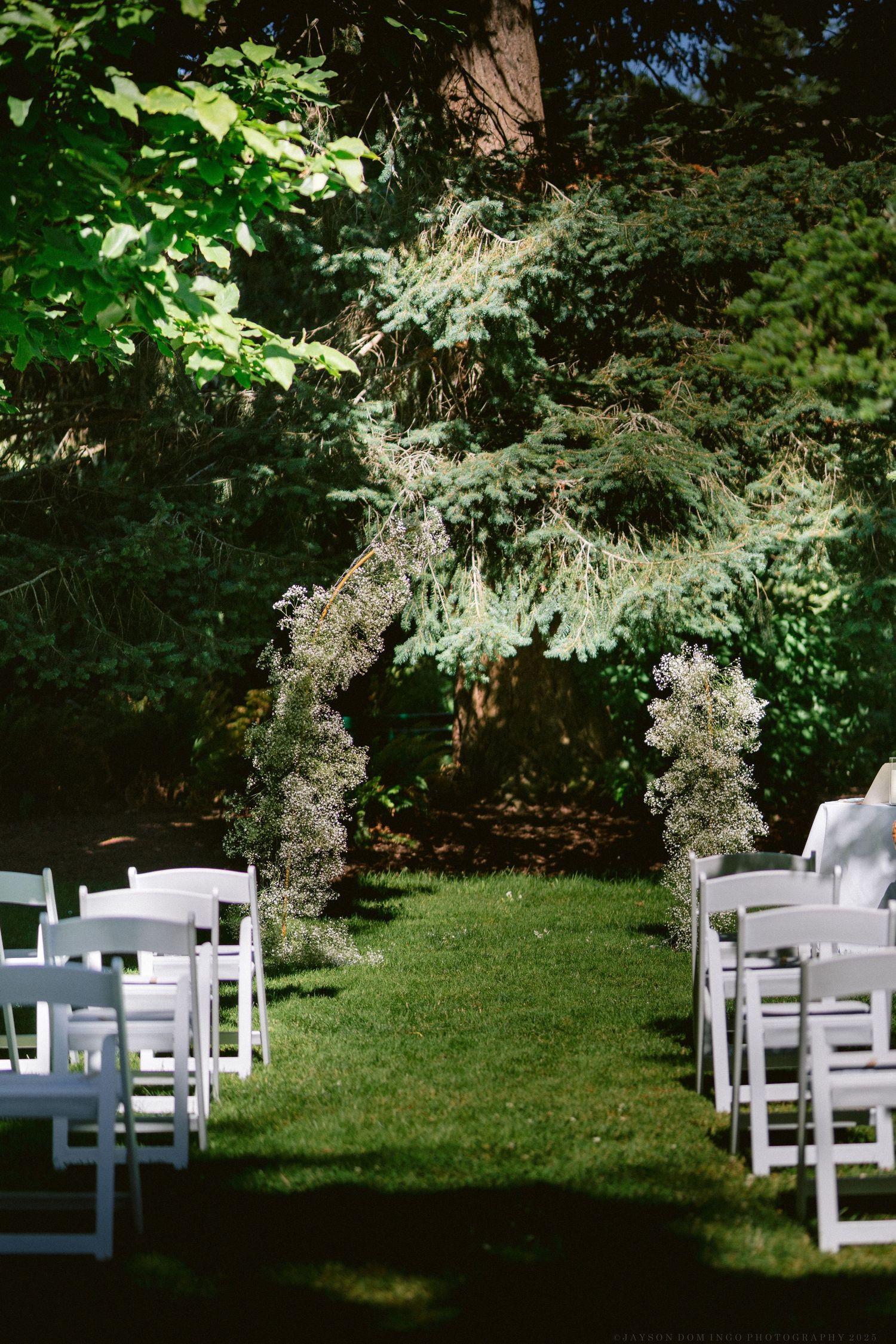White wooden chairs arranged for an outdoor garden wedding ceremony under flowering tree branches in natural lighting.