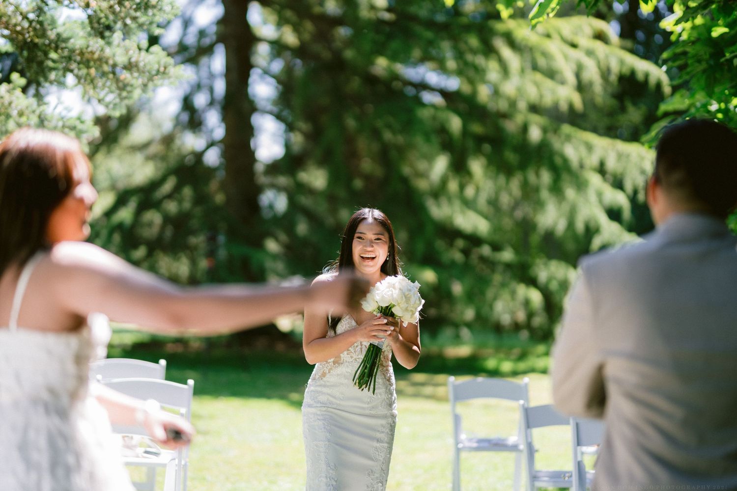 A sunny outdoor wedding ceremony between tall evergreen trees with white chairs on the lawn.
