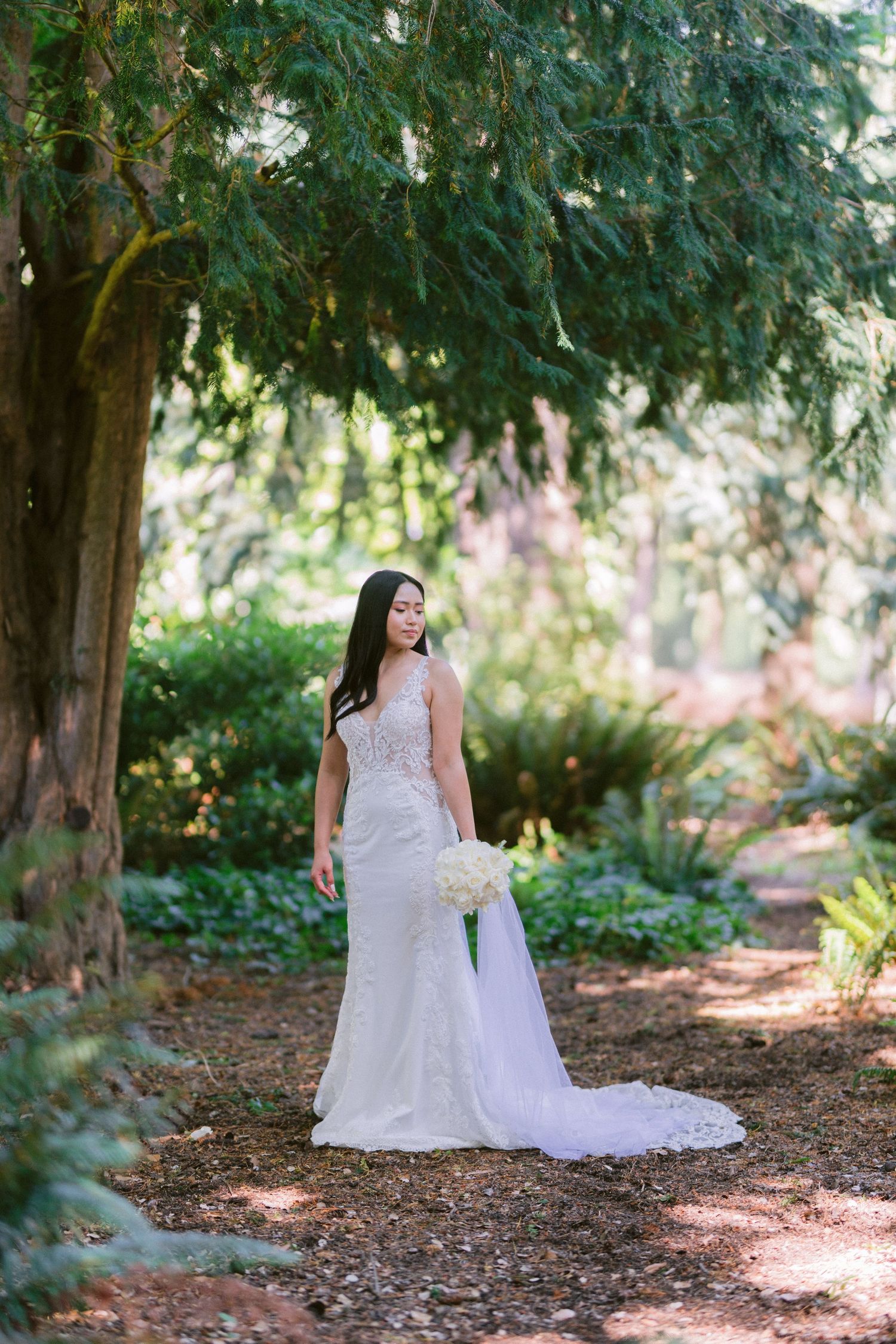 A white lace wedding dress captured in a romantic woodland garden setting.
