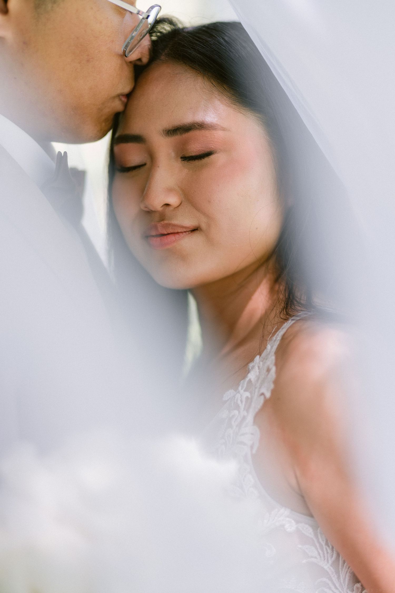 Romantic close-up portrait through sheer veil of tender wedding moment.