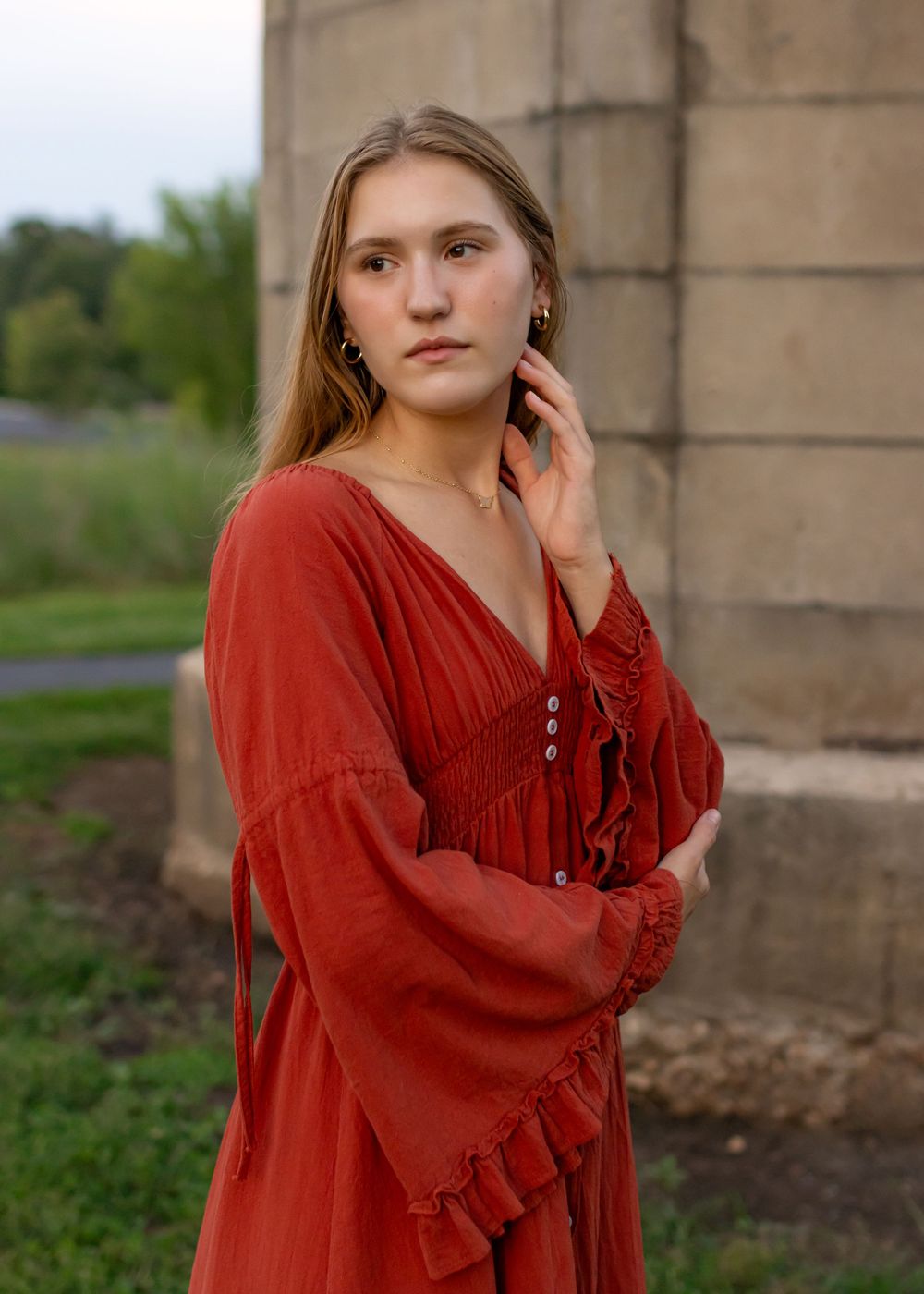 Outdoor portrait photography with rental flowy dress. Golden hour. Indian Camp Creek located outside of St. Louis, MO