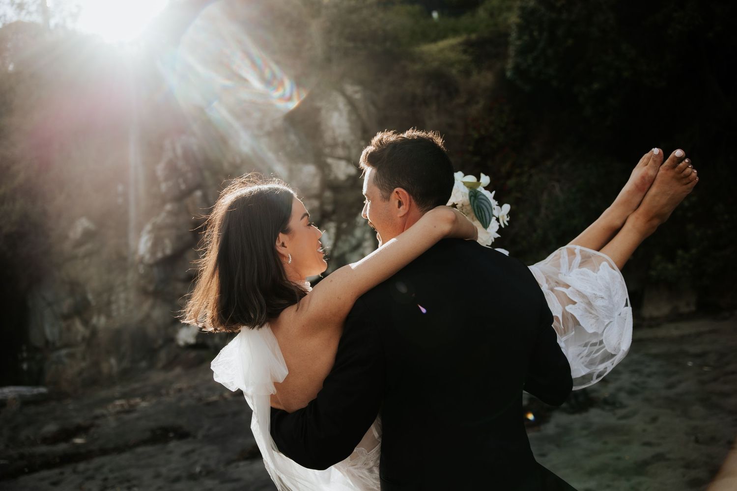Romantic wedding photos with dramatic sunlight and shadows.