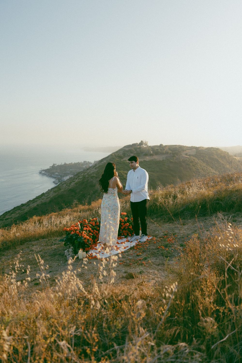 proposal with a scenic sunset view from a rolling coastal hillside overlooking the ocean and mountains.