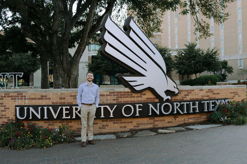 A series of campus buildings and walkways at the University of North Texas shown in connected photographs.