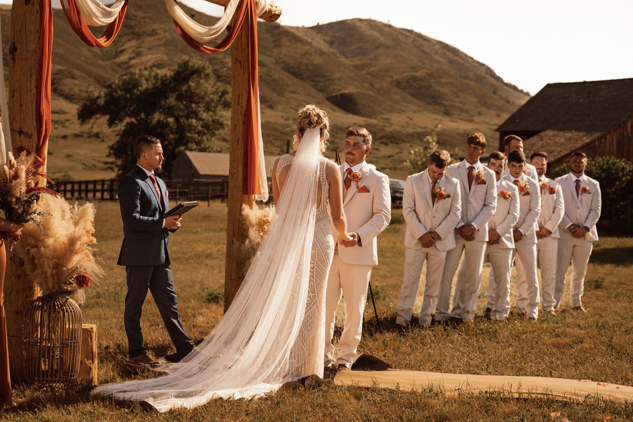 Wedding party lined up against mountain backdrop with flowing white dresses and formal attire.