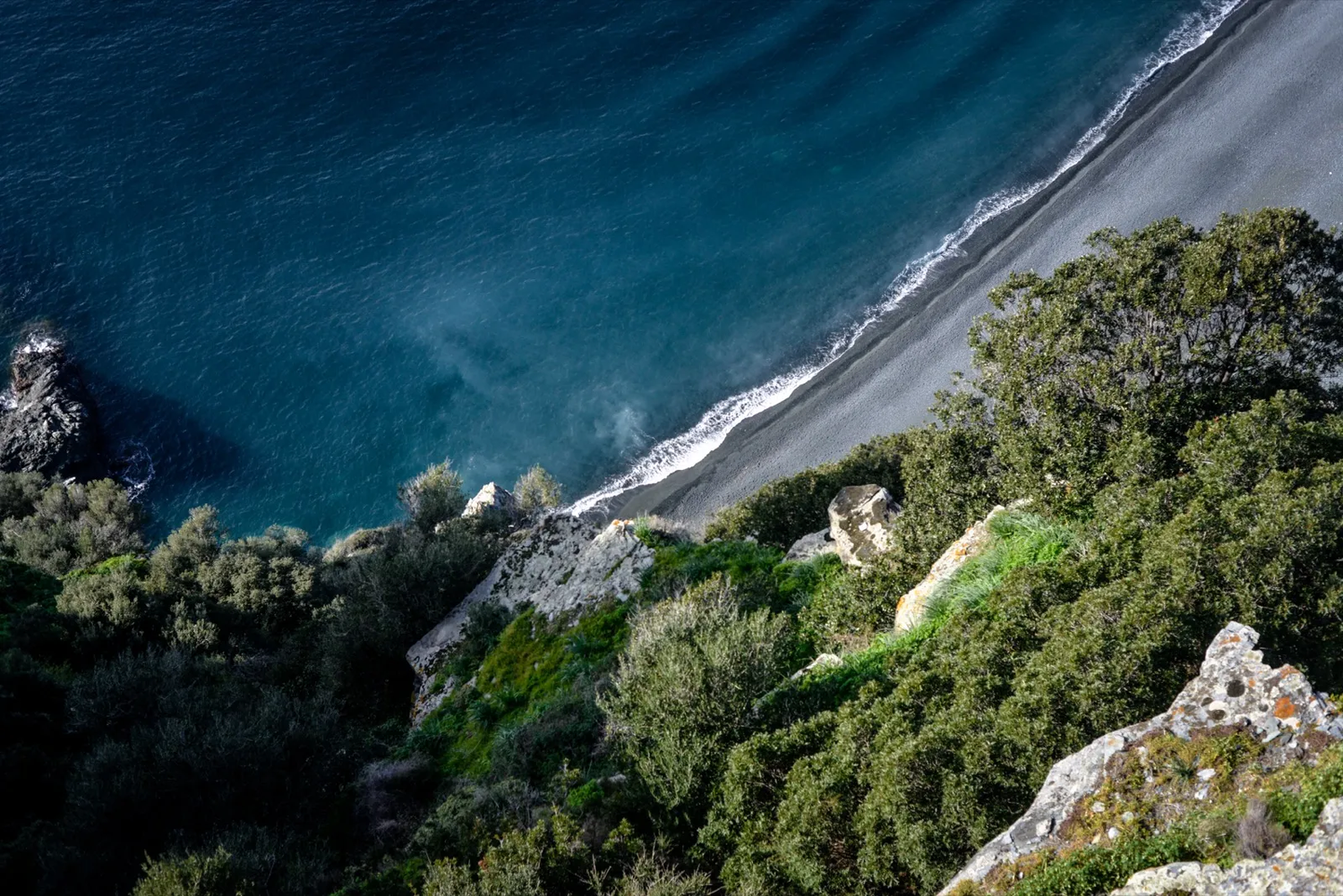 Vue aérienne d’un littoral escarpé avec forêt dense et mer turquoise.