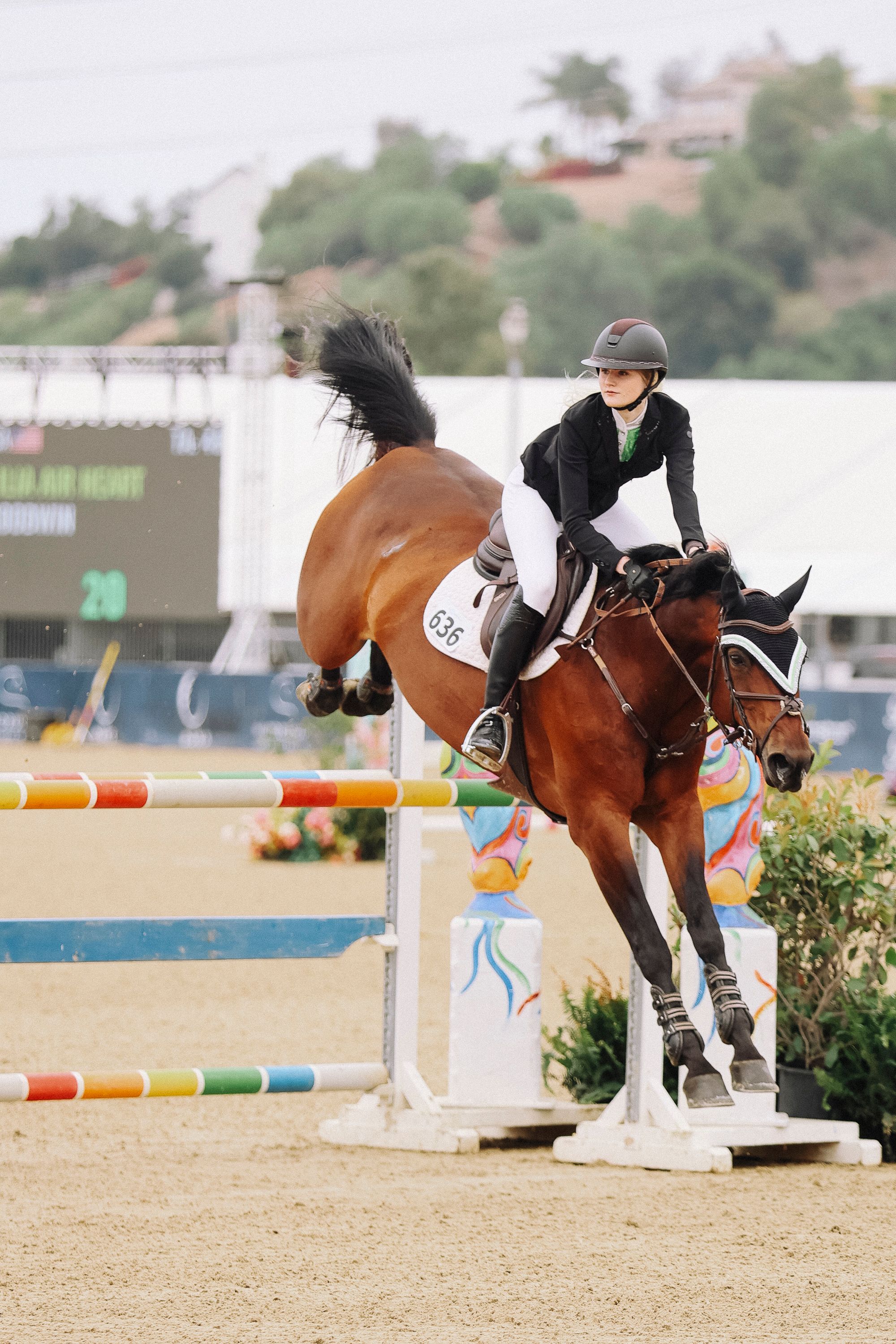 Horse landing off of a fence with rider at a competition