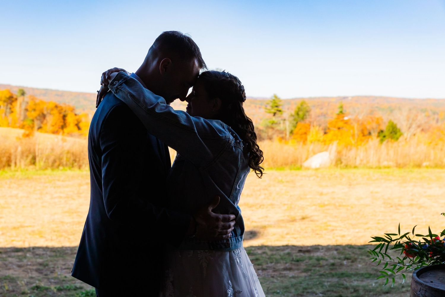 Silhouette of couple embracing during golden hour with autumn landscape in background.