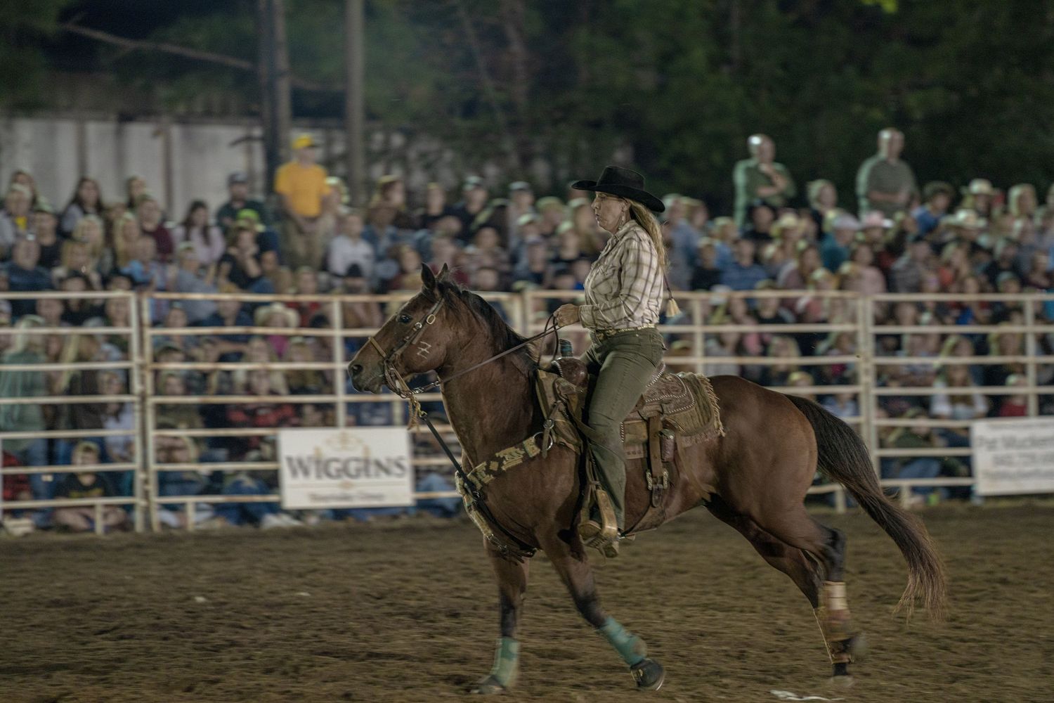 Action shot of a rodeo competition with riders and horses performing in a dirt arena.