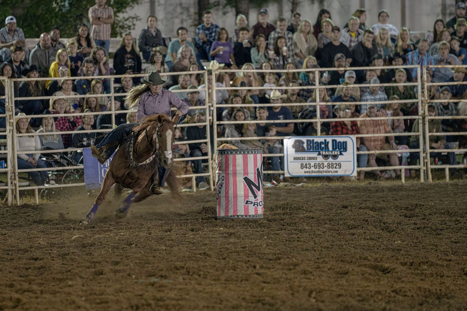 Rodeo rider competes in a bull riding event at a crowded arena with spectators watching from the stands.