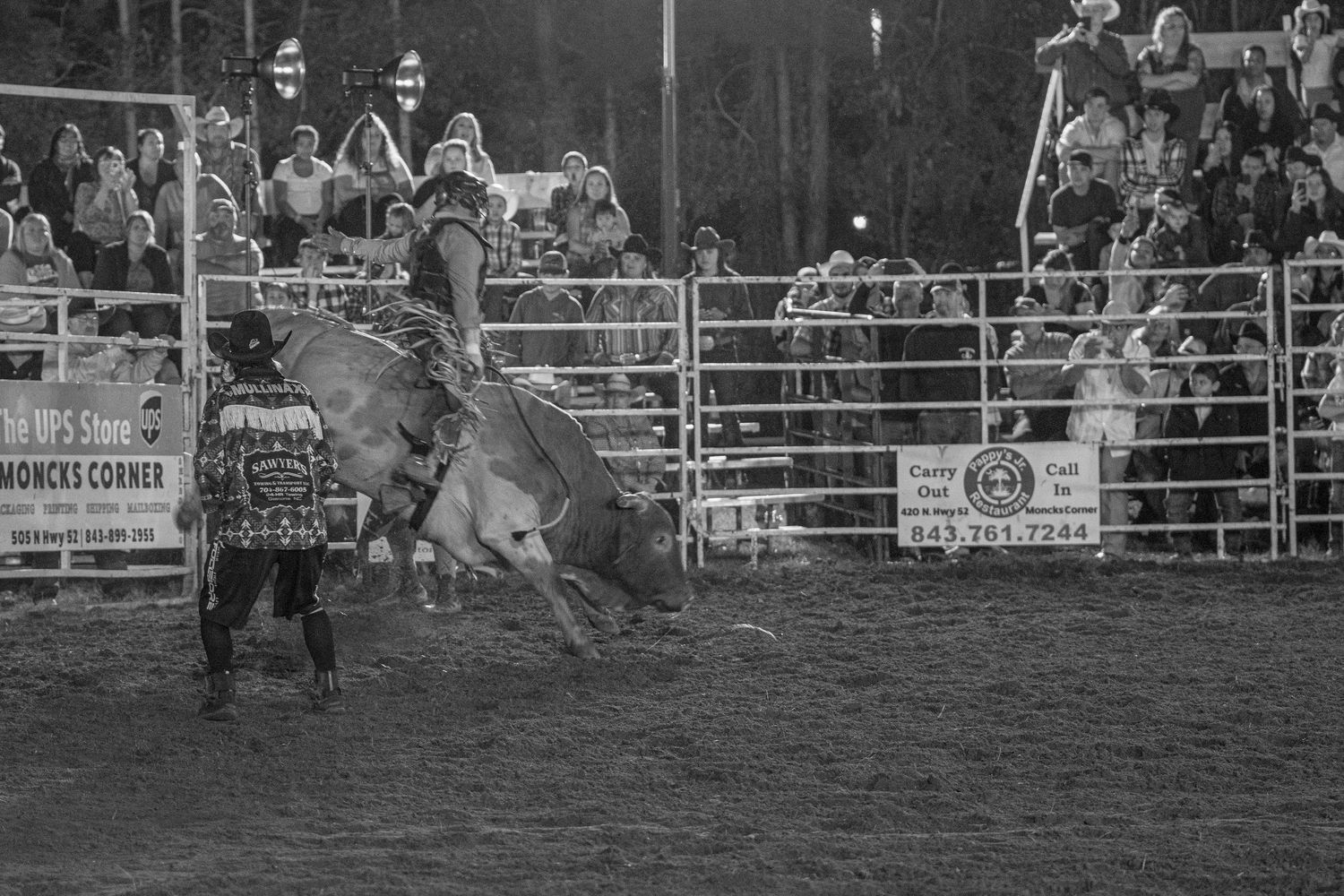 Black and white photo of a rodeo bull rider competing at a nighttime arena with spectators watching from the stands.