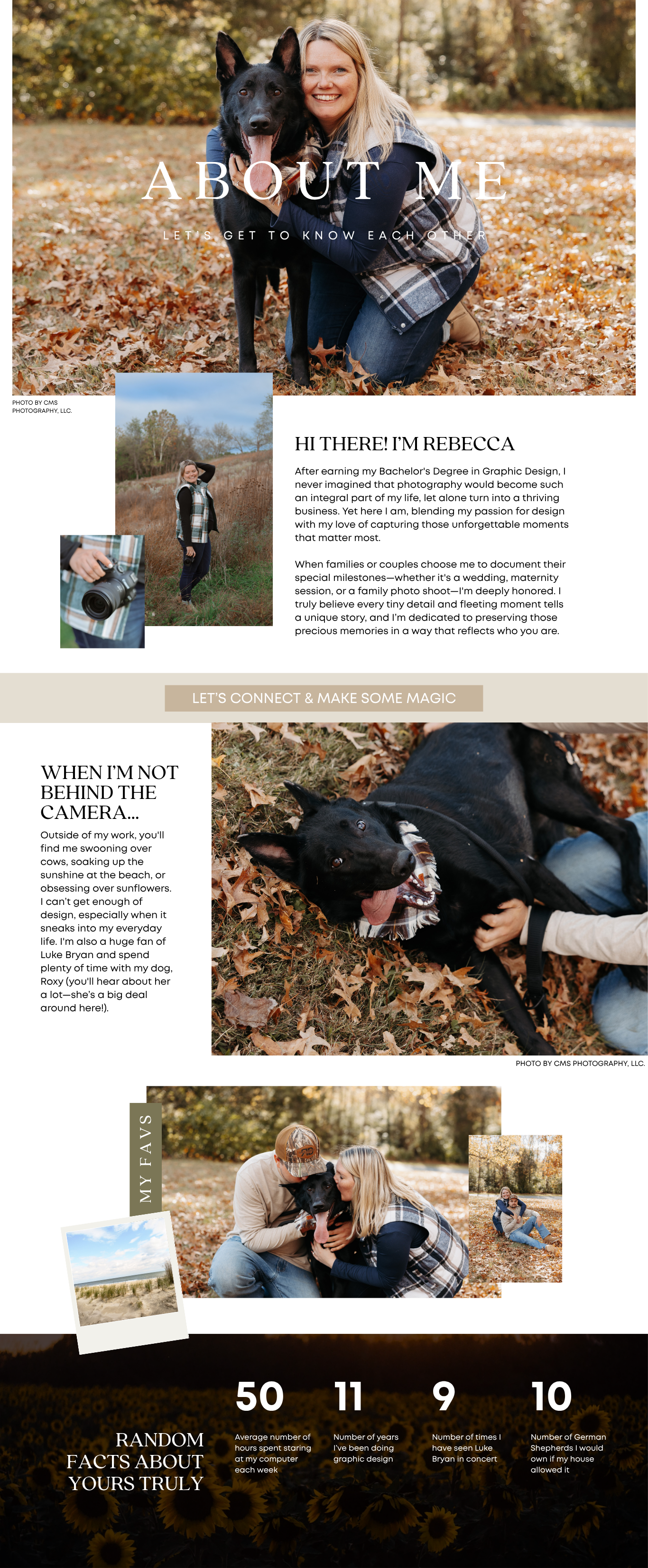 Photography website layout featuring autumn outdoor photo sessions with a black dog and portfolio sections in warm fall colors.