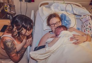 A sequence of tender moments captured in a hospital room setting.