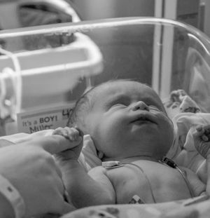 A peaceful newborn sleeps soundly in a hospital bassinet under medical lighting.