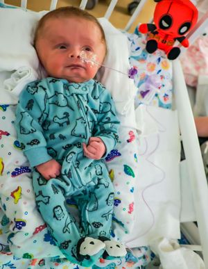 Baby wearing turquoise pajamas with bone patterns lies in hospital crib next to Deadpool plush toy.
