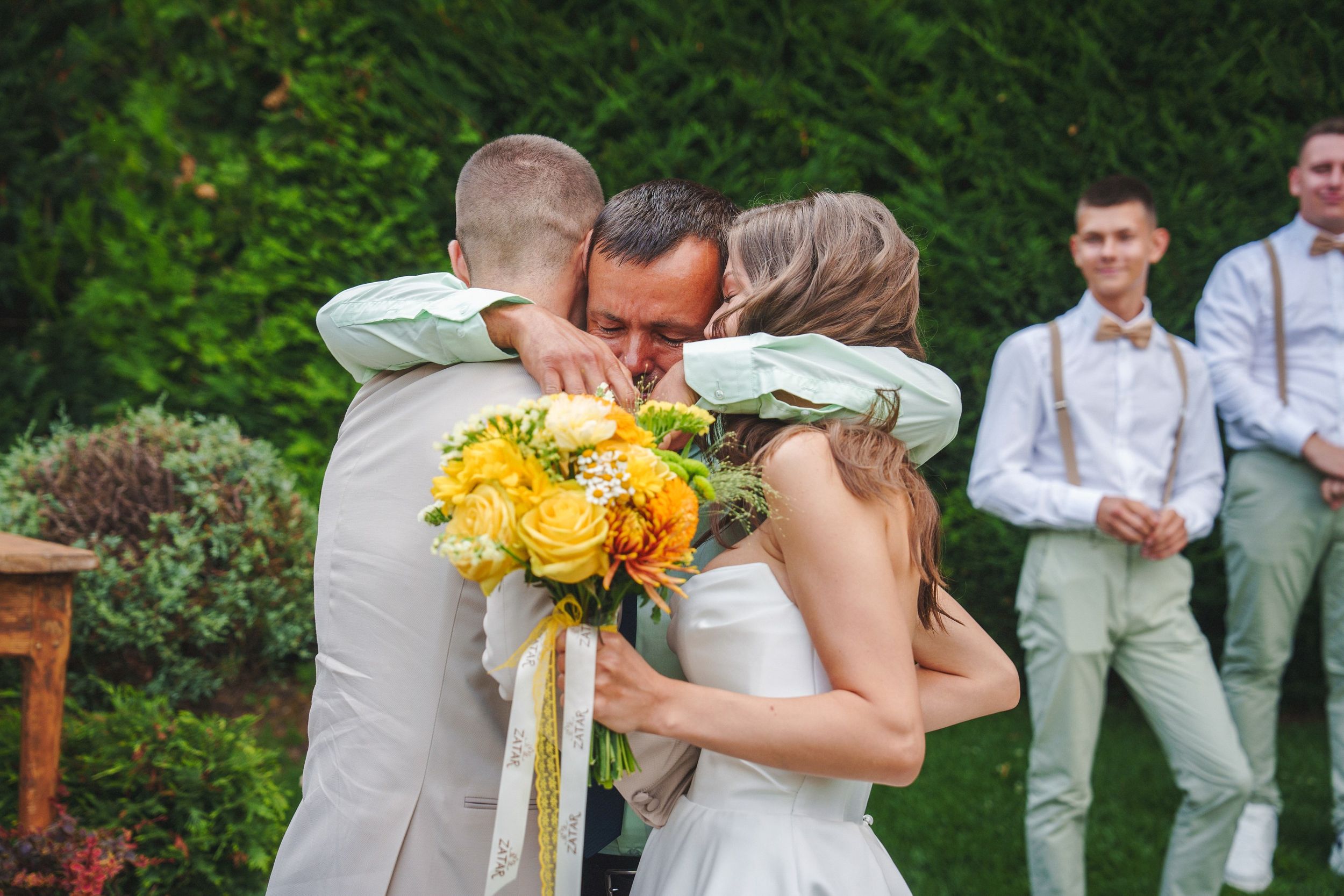 A romantic wedding celebration sequence showing intimate moments, floral bouquets, and outdoor garden venue details.