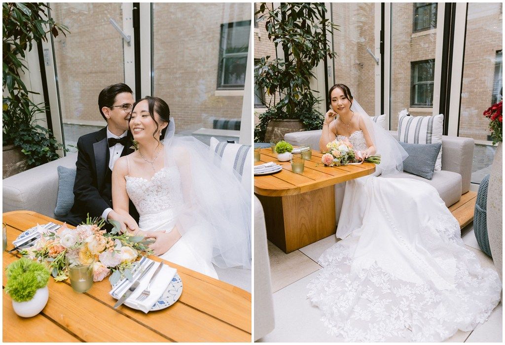 Wedding preparation moments captured in bright natural light with white dress details.
