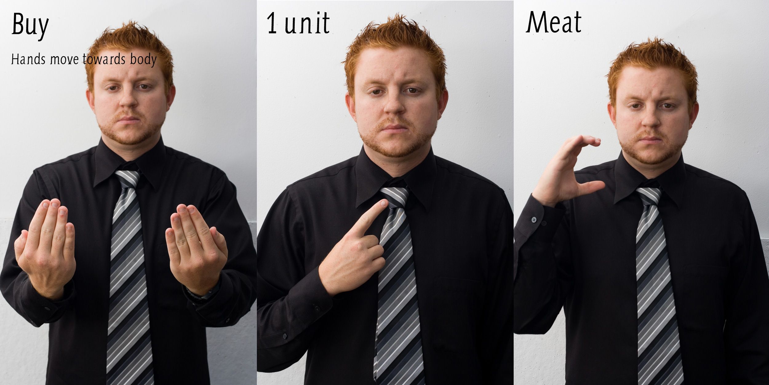 Sequential photos showing hand gestures and sign language demonstrations in black and white.