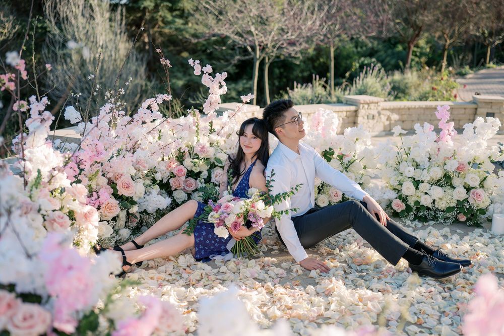 People enjoying cherry blossoms in a park during spring with pink petals scattered on the ground.