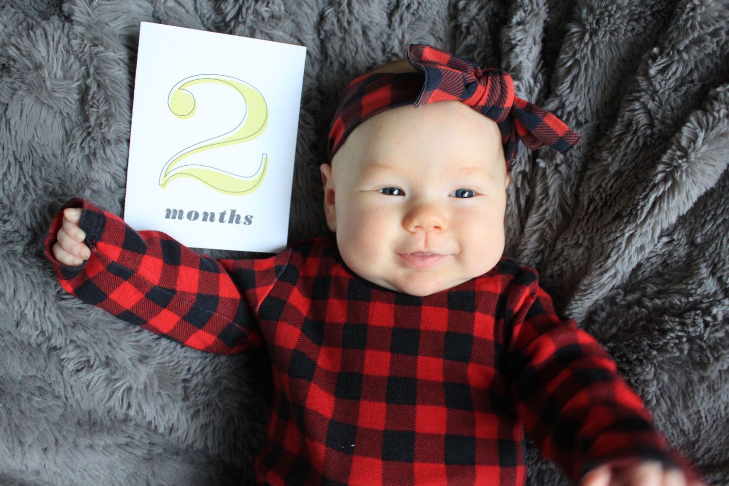 Baby in red and black buffalo plaid outfit lies on gray blanket with number 2 milestone marker.