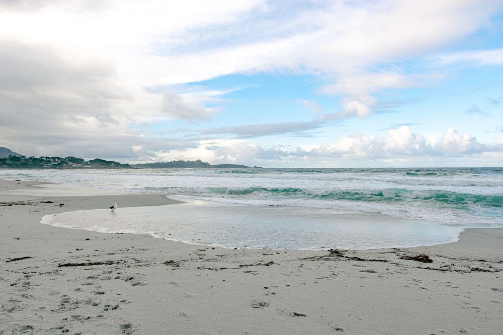 Panoramic sequence of ocean waves rolling onto a sandy beach under cloudy skies at different angles and times of day.